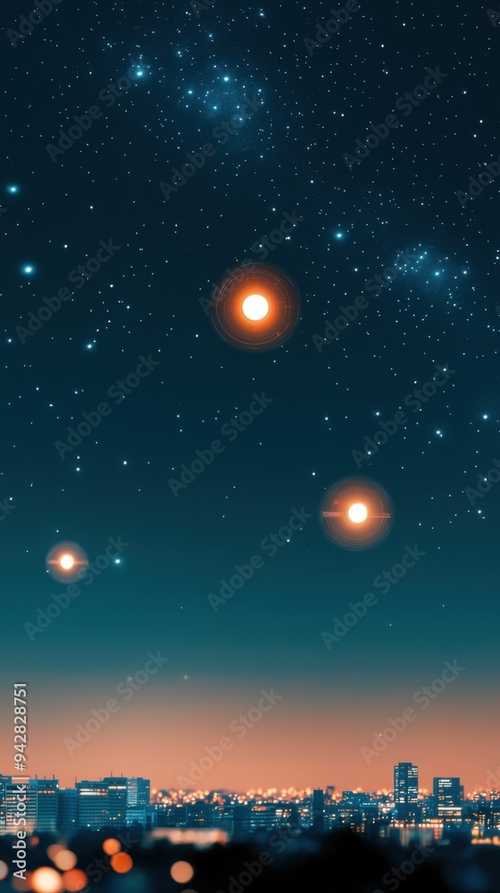 A mesmerizing night sky filled with stars and glowing celestial bodies, creating a stunning cosmic landscape over a city skyline. A mesmerizing night sky filled with stars and glowing celestial bodies, creating a stunning cosmic landscape over a city skyline.