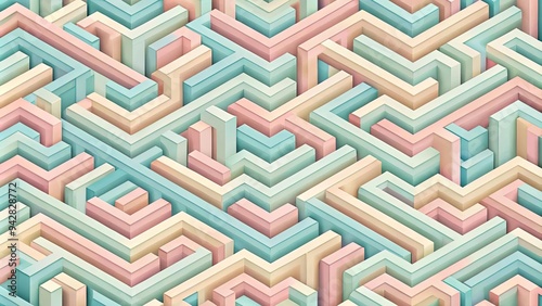 Seamless isometric maze pattern in soft pastel colors with a labyrinth design for a dreamy touch