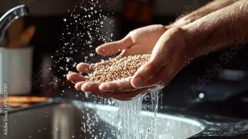 Close-up of male hands washing sorghum seeds under running water in the kitchen sink