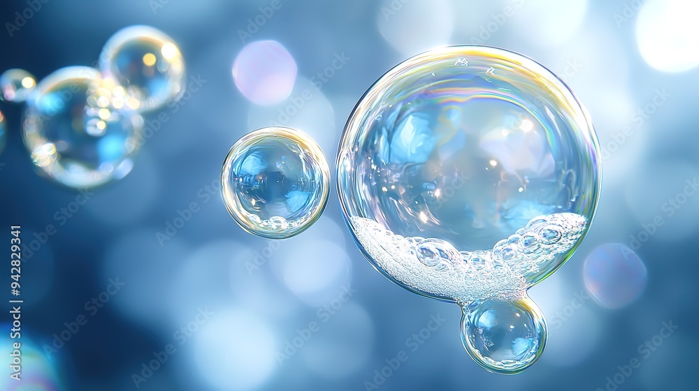 Iridescent soap bubbles float against a blurred blue background, structures and light reflections in a dreamy atmosphere. Iridescent soap bubbles float against a blurred blue background, structures and light reflections in a dreamy atmosphere.