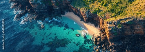 Aerial View of a Secluded Cove with Cliffs and Turquoise Water