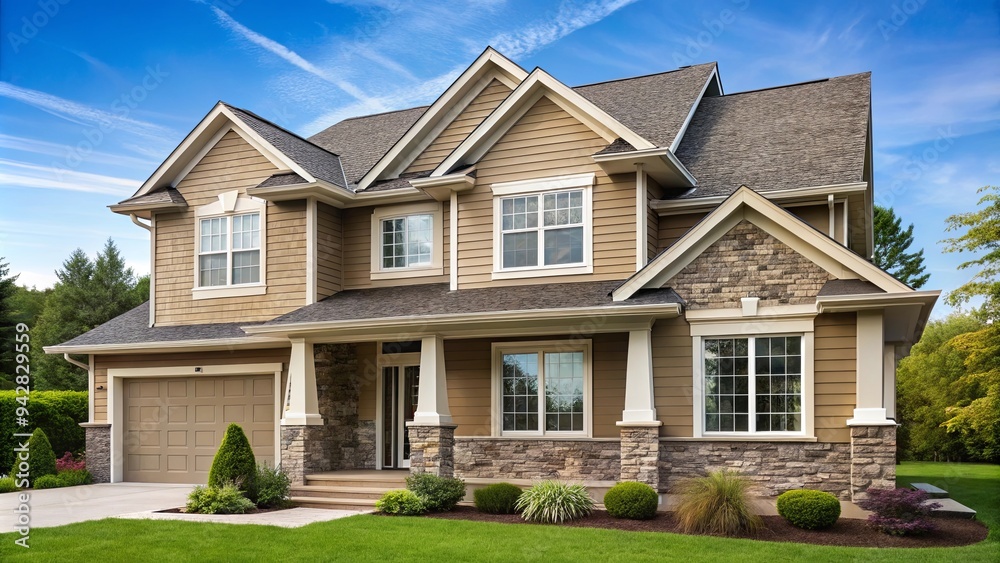 Beautiful beige siding house with a stoned base, perfect for residential architecture Beautiful beige siding house with a stoned base, perfect for residential architecture