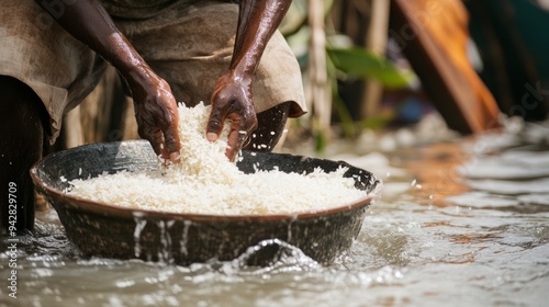 Farmer washes rice grains in the river, getting ready for the upcoming planting season