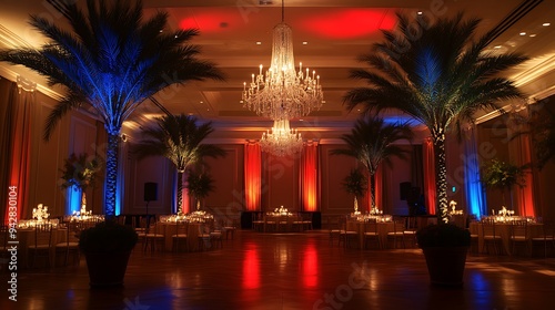 Sophisticated Ballroom with Crystal Chandeliers, Potted Palm Trees, and Warm Lighting Highlighted by Red and Blue Uplighting photo