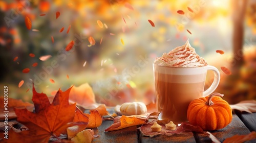 Fototapeta Naklejka Na Ścianę i Meble -  Steaming mug of pumpkin spice latte is sitting on a rustic wooden table with fall leaves and a small pumpkin, capturing the essence of autumn