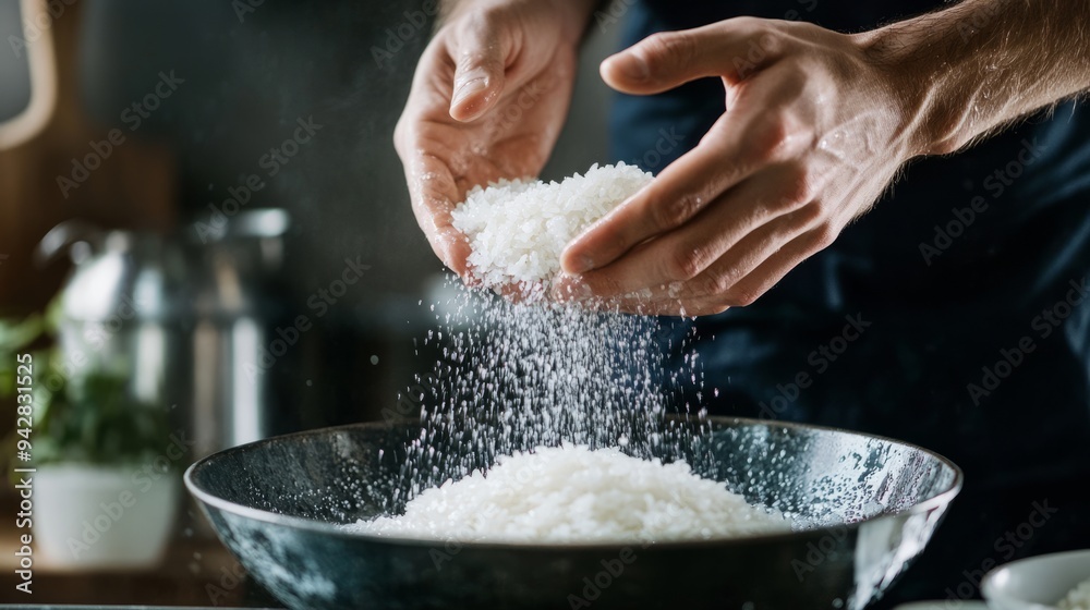 Chef skillfully cooking with rice falling into a wok in a professional kitchen ambiance