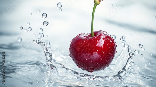 Isolated white background, cherry water splashes captured around it.
