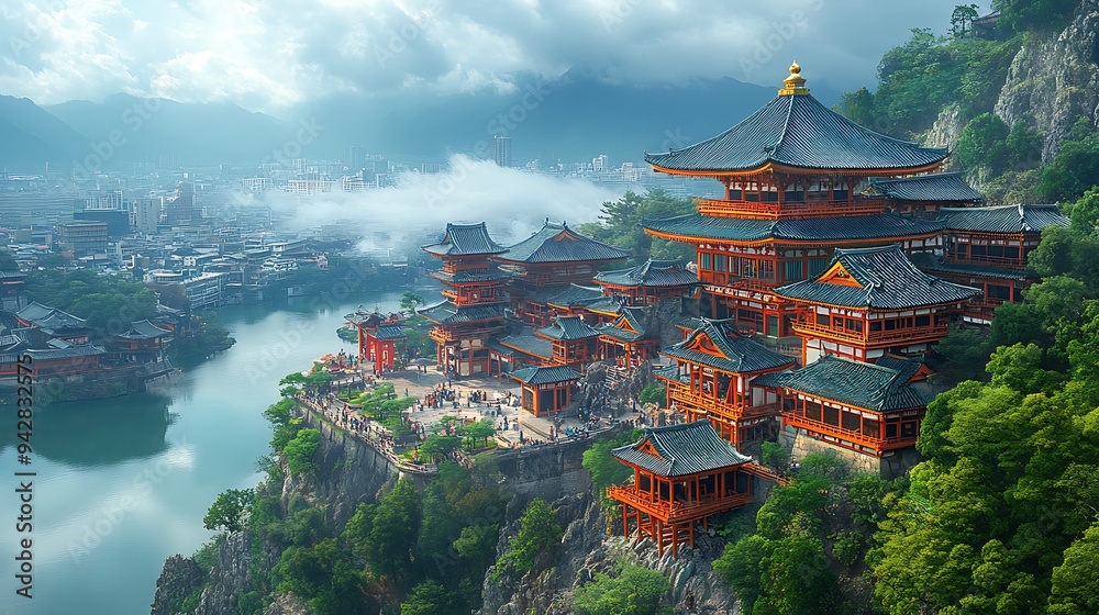 Obraz premium Ancient Chinese Temple on Cliffside Mountain with City Skyline in the Distance.