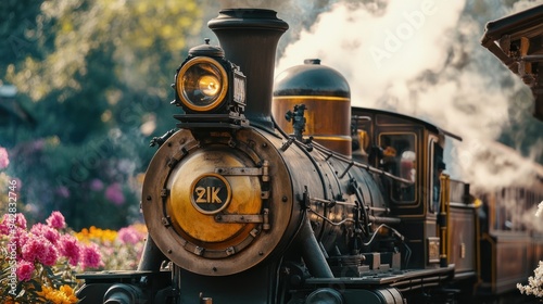 Vintage Steam Locomotive with Blurred Flowers in the Foreground