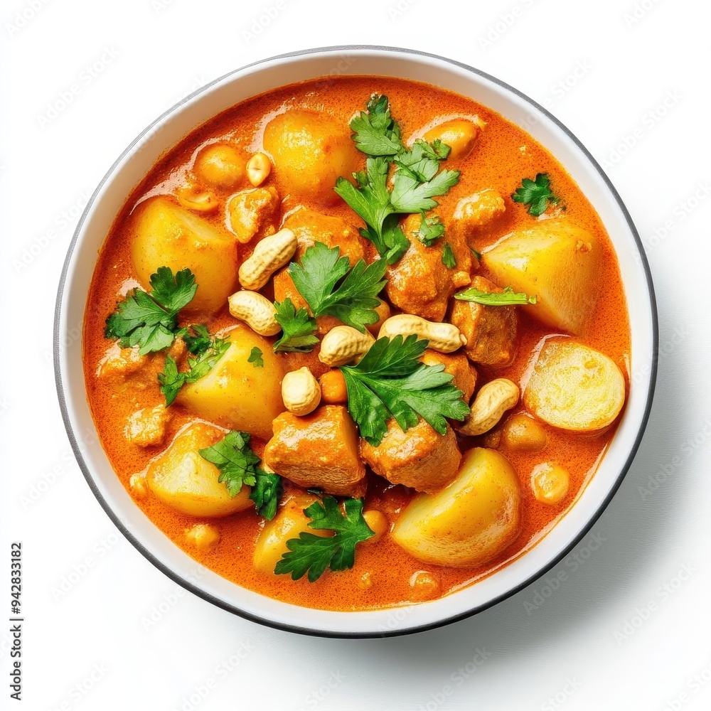 Massaman curry with potatoes and peanuts, isolated on a white background Massaman curry with potatoes and peanuts, isolated on a white background