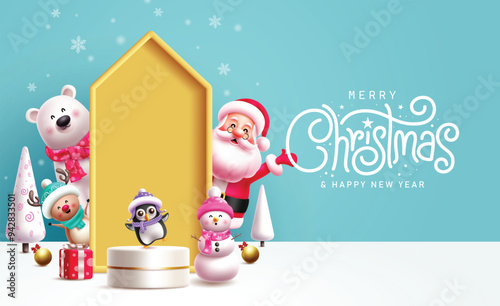 Merry christmas greeting vector banner design. Christmas and happy new year greeting text with waving santa claus, polar bear, snowman, reindeer, penguin characters in podium and frame elements 