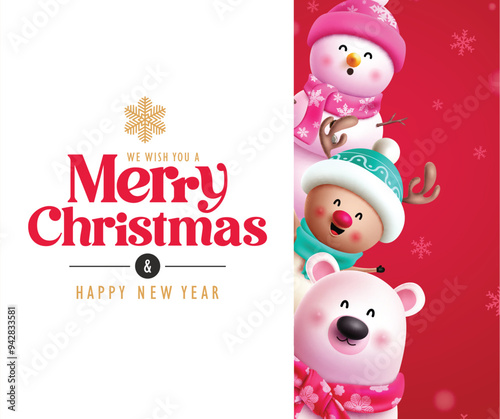 Christmas greeting vector template design. Merry christmas greeting text with cute snowman, friendly reindeer and polar bear characters in white board space for holiday season wish list card. Vector 