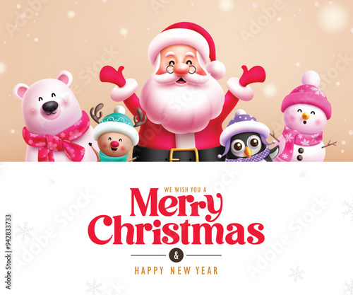 Christmas greeting vector template design. Merry christmas greeting text card in empty board space with happy santa claus, friendly polar bear, cute snowman and penguin characters in holiday season 