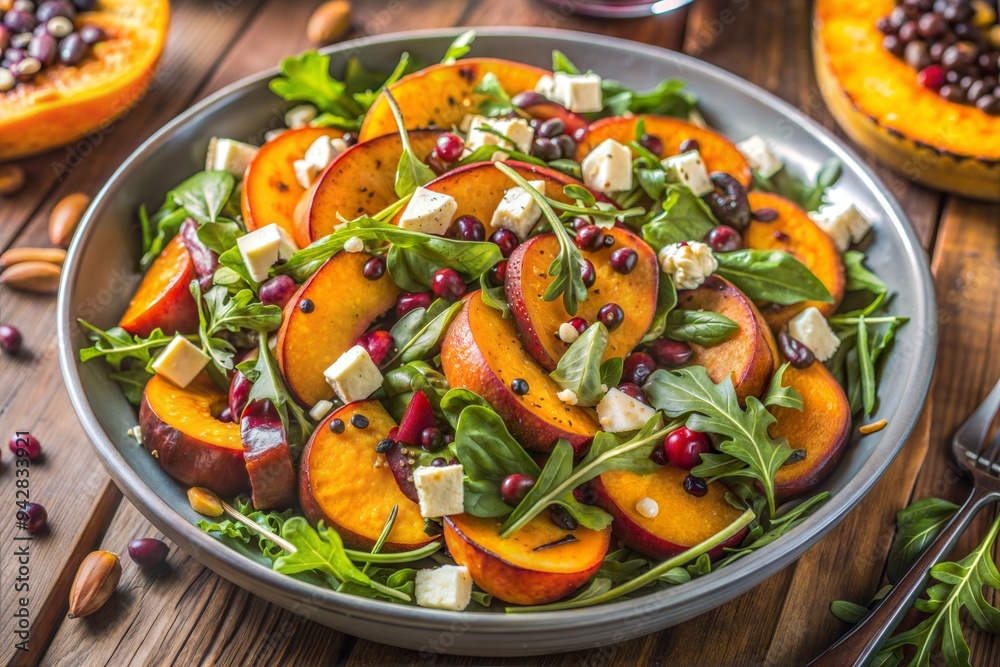 Colorful Pumpkin and Feta Salad with Arugula, Pomegranate, and Seeds Colorful Pumpkin and Feta Salad with Arugula, Pomegranate, and Seeds