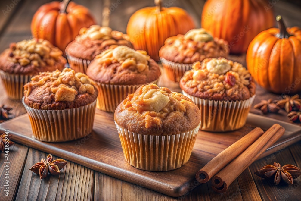 Freshly Baked Pumpkin Muffins with Crumb Topping on Wooden Board with Cinnamon Sticks Freshly Baked Pumpkin Muffins with Crumb Topping on Wooden Board with Cinnamon Sticks