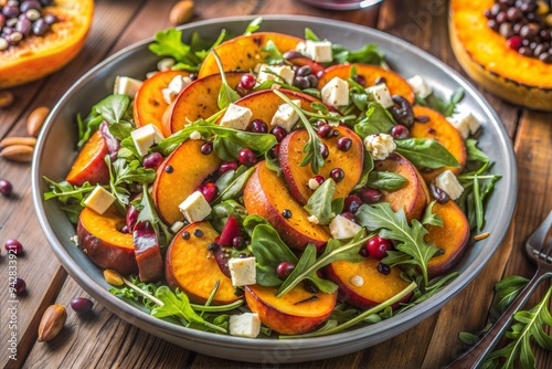 Colorful Pumpkin and Feta Salad with Arugula, Pomegranate, and Seeds