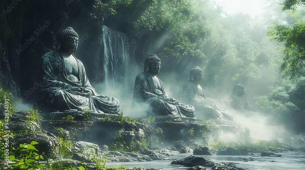 Serene Buddha Statues in Misty Forest with Waterfall. Serene Buddha Statues in Misty Forest with Waterfall.