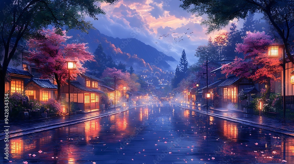 Fototapeta premium Rainy Night in a Japanese Village with Cherry Blossoms.