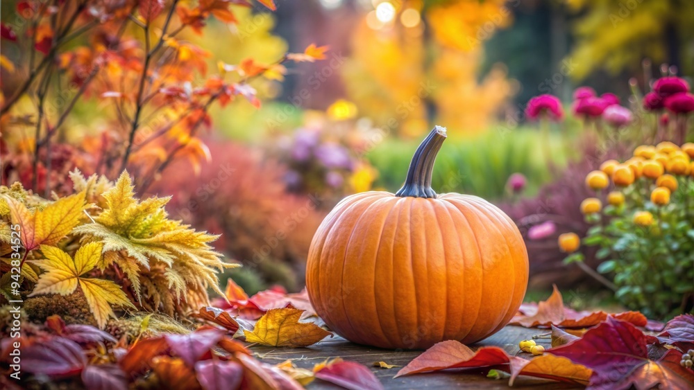 Vibrant Pumpkin in Autumn Garden Surrounded by Fall Leaves and Flowers Vibrant Pumpkin in Autumn Garden Surrounded by Fall Leaves and Flowers