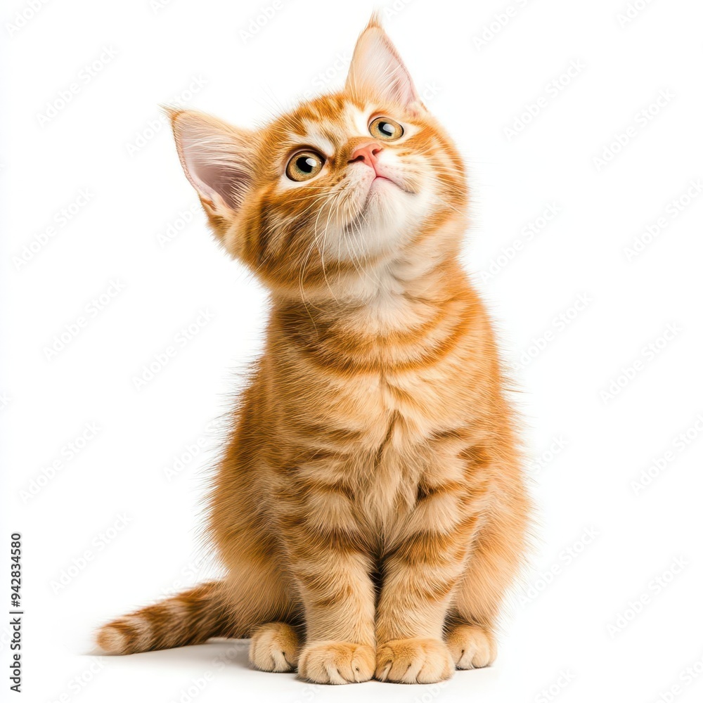 Obraz premium Orange tabby cat sitting and looking curious, isolated on a white background
