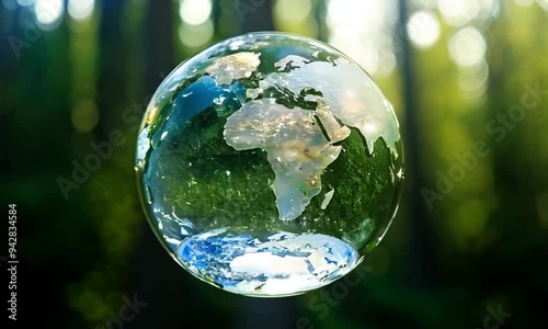 Close-Up View of Circular Rotating Crystal Ball Shaped as Planet Earth in Green Forest
