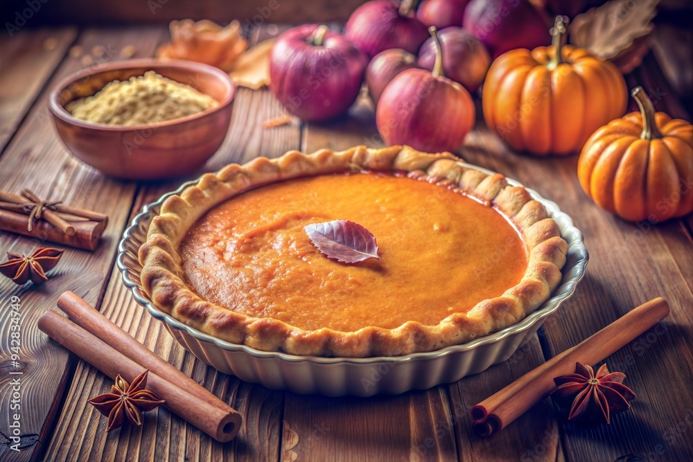 Homemade Pumpkin Pie with Autumn Spices and Fresh Ingredients on Rustic Table Homemade Pumpkin Pie with Autumn Spices and Fresh Ingredients on Rustic Table