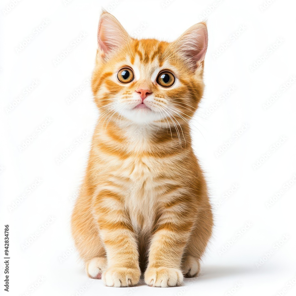Orange tabby cat sitting and looking curious, isolated on a white background Orange tabby cat sitting and looking curious, isolated on a white background