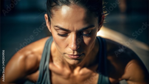 Focused Woman in Intense Yoga Meditation Pose Indoors