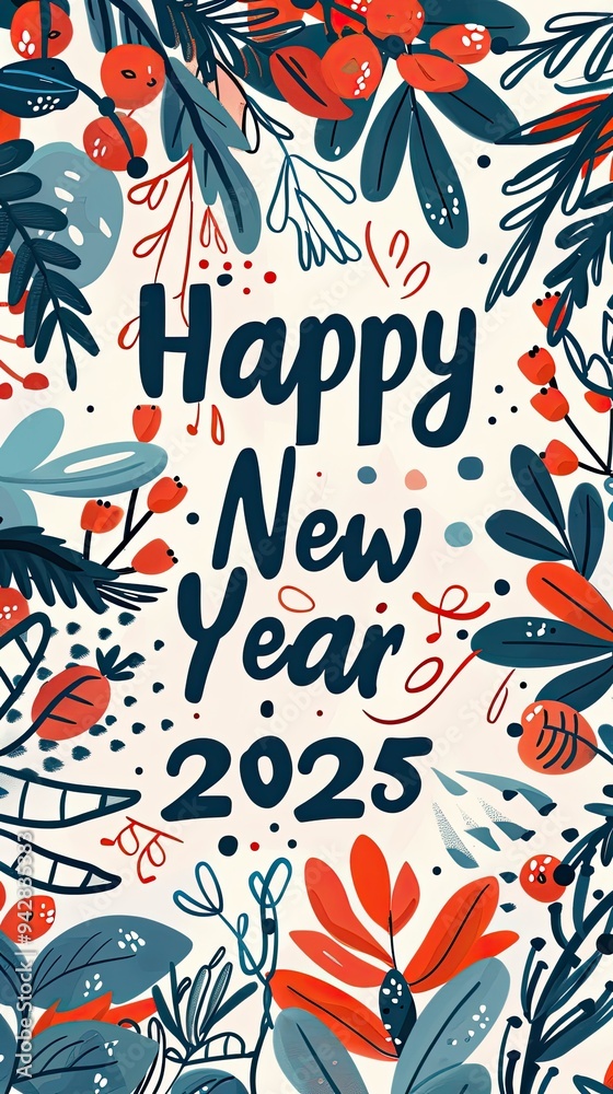 Festive design celebrating the arrival of the new year 2025 with a minimalistic style surrounded by lush foliage Festive design celebrating the arrival of the new year 2025 with a minimalistic style surrounded by lush foliage