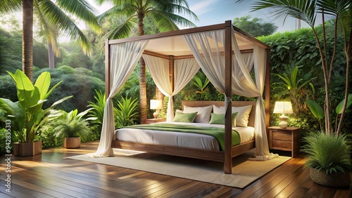 Luxurious canopy bed in a bedroom overlooking a lush tropical garden