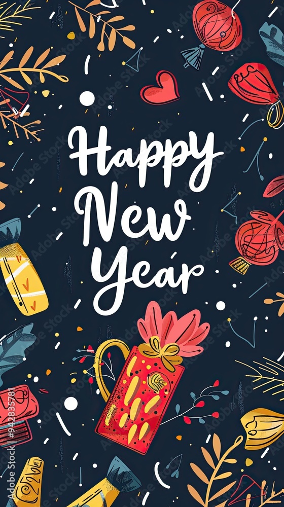 Trendy minimalistic illustration celebrating the New Year with vibrant decorations and joyful greetings prominently featured Trendy minimalistic illustration celebrating the New Year with vibrant decorations and joyful greetings prominently featured