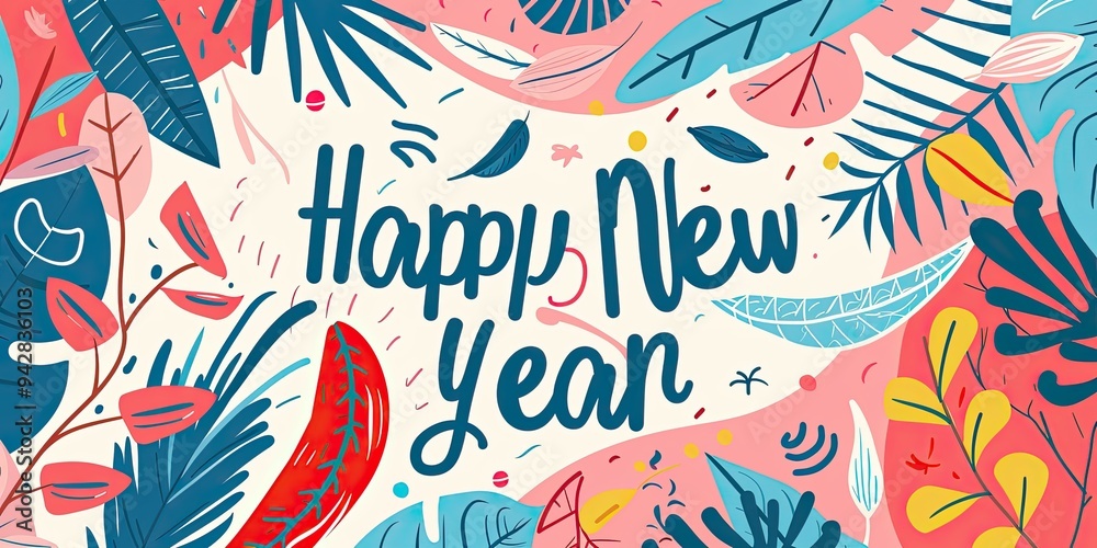 Celebrate the New Year with a vibrant illustration featuring trendy designs and cheerful elements in a minimalistic style Celebrate the New Year with a vibrant illustration featuring trendy designs and cheerful elements in a minimalistic style