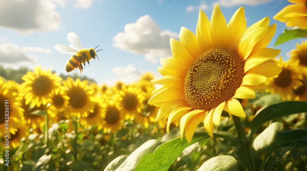 Fototapeta premium A Bee Flying Over a Field of Sunflowers
