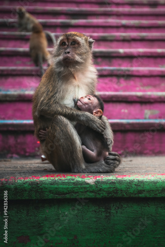 A mother monkey gently taking care of her baby