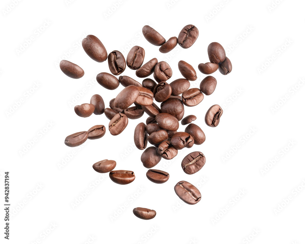 A collection of roasted coffee beans scattered on a surface. A collection of roasted coffee beans scattered on a surface.