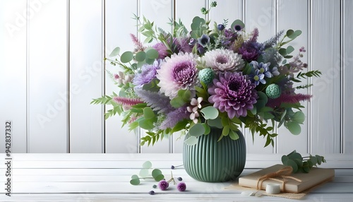 Purple and green flowers bouquet is in front of a white wooden wall with copy space,