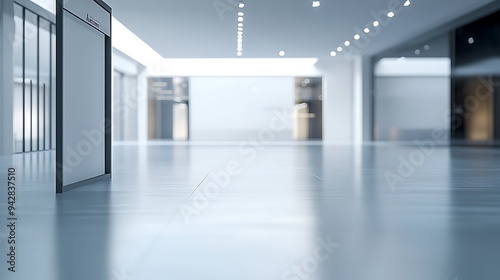 Empty Exhibition Space with Minimalist Design, Blurred Signage, and Sleek Flooring, Awaiting Event Opening