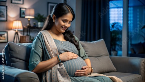  happy indian pregnant woman feeling baby by lookin.