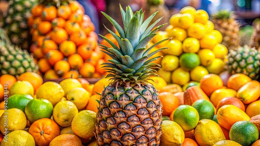 Closeup of a vibrant pineapple surrounded by lemons and oranges at a tropical fruit stand in a market Closeup of a vibrant pineapple surrounded by lemons and oranges at a tropical fruit stand in a market