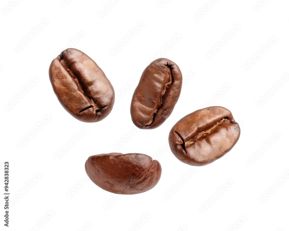Four roasted coffee beans arranged on a white background, showcasing their rich texture. Four roasted coffee beans arranged on a white background, showcasing their rich texture.