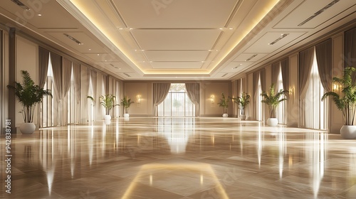 Luxurious Empty Reception Hall with Polished Floors, Soft Neutral Decor, and Custom Lighting Design