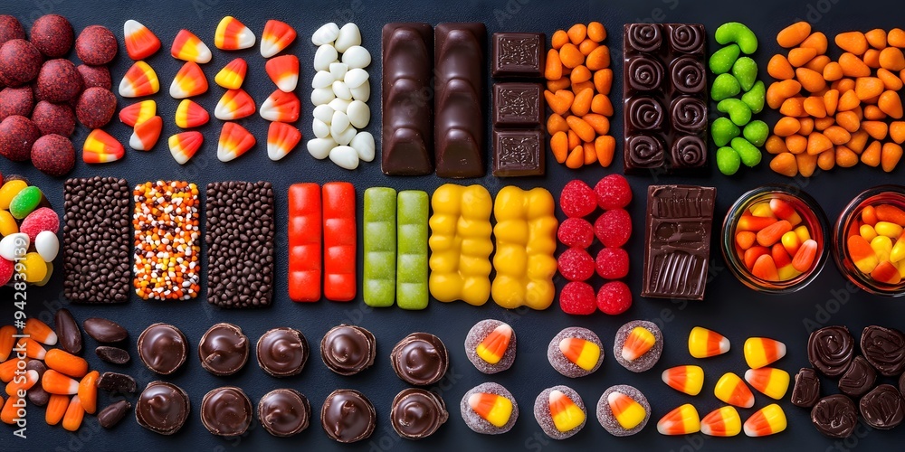 Vibrant assortment of Halloween candies on a dark background Vibrant assortment of Halloween candies on a dark background