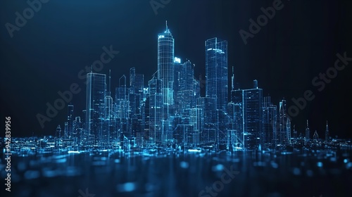 Nighttime view of a technologically advanced city with sleek, illuminated skyscrapers. Premium background for the latest technology needs.