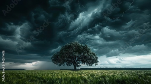 photorealistic scene of a solitary tree silhouette, stormy field, dark clouds above, brooding atmosphere