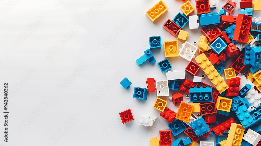Colorful Plastic Building Blocks Scattered on White Background Colorful Plastic Building Blocks Scattered on White Background