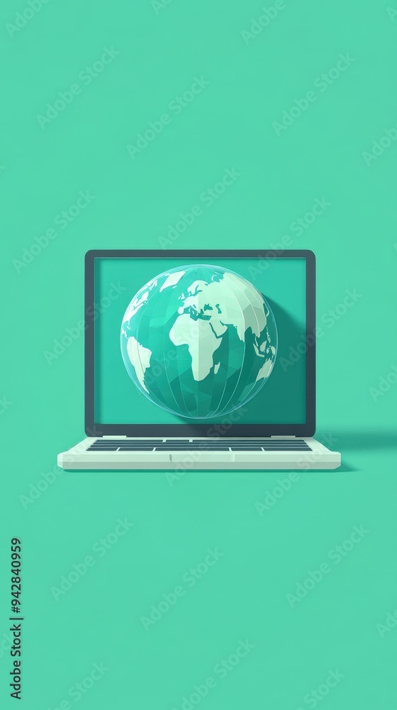 Laptop icon with a globe symbol on a green isolated background symbolizing international job search online, Close-up shot, Flat Design Style, studio lighting
