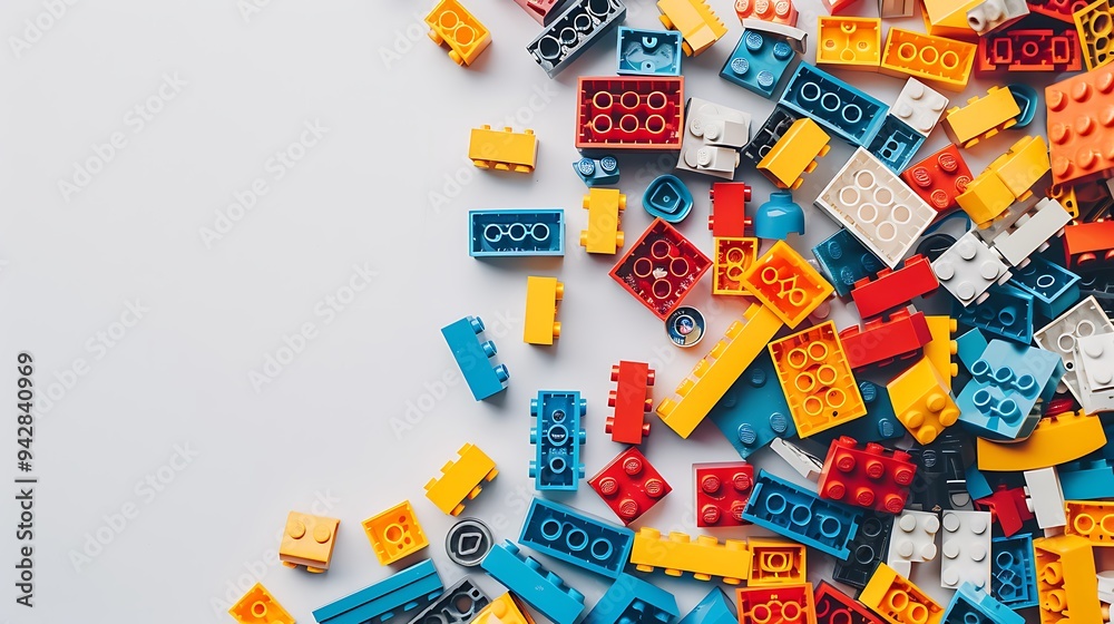 Colorful Plastic Building Blocks Scattered on White Background Colorful Plastic Building Blocks Scattered on White Background