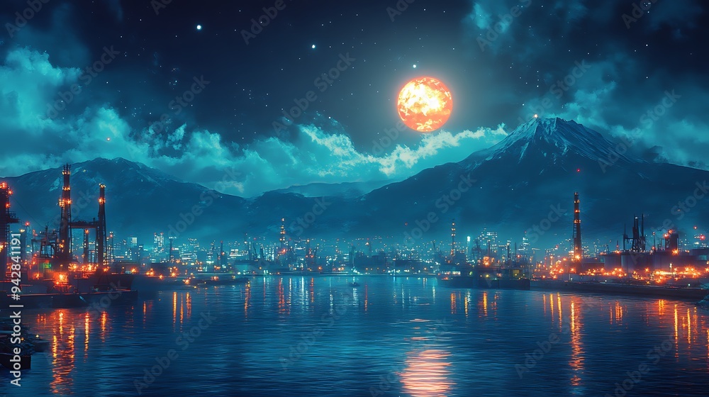 Nighttime cityscape with a red moon and a mountain in the background.
