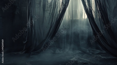 Torn curtains blowing in the wind, revealing a dark, eerie room, perfect for a chilling Halloween text overlay torn curtains, blowing wind, eerie room
