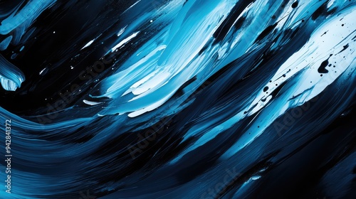 Artistic abstract design featuring intense black blue and vibrant aquamarine brush strokes.